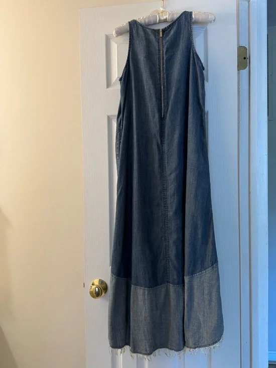 Sleeveless Long Denim Dress with Frayed Hem - Picture 3 of 4